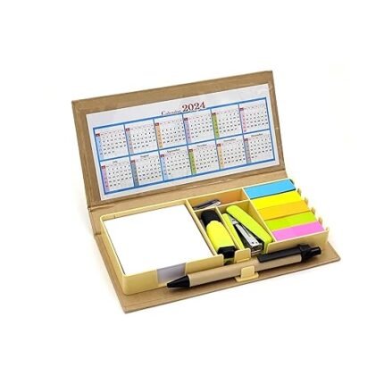 Corporate eco-friendly stationery gift kit with 2024 calendar, sticky notes, pen, and more in a brown case.