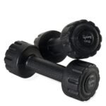 Pair of black 1kg Lifelong dumbbells, ideal for corporate fitness gifts, on white background.