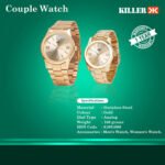 Corporate gifting: two gold analog couple watches, large and small, side by side with warranty badge.