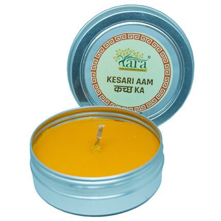 Kesari Aam Kachh Ka corporate gift candle in branded tin, with logo and bilingual label.