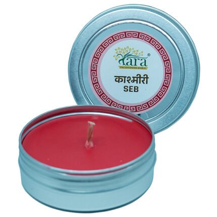 Elegant candle tin with Kashmiri Seb label, ideal for premium corporate gifts and festive branding.