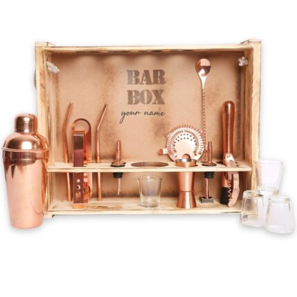 BarBox Home Bar Kit with Rustic Wood Wall-mount Stand (Rose Gold)