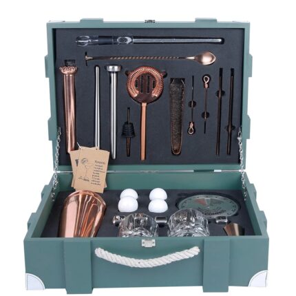 BarBox Bartender Kit Bar Tool Set in Military Green Wooden Crate Box ( Rose Gold )