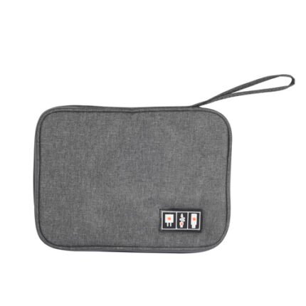 Gray gadget organizer with zipper and wrist strap, ideal for corporate tech gifting, on white background.