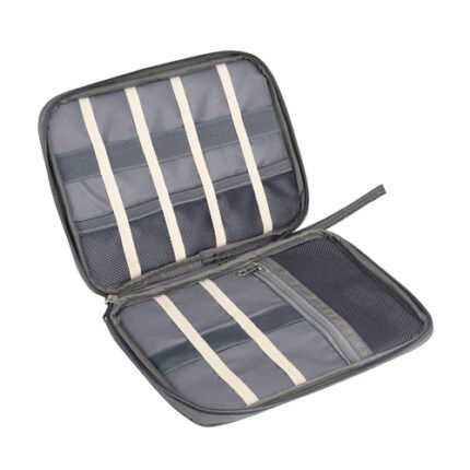 Gray gadget organizer open, showing elastic bands and mesh pockets—ideal for corporate gifting needs.