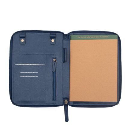 Navy blue zippered portfolio with card slots and notepad, ideal for premium corporate gifting.