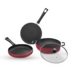 Premium 3-piece red non-stick cookware set, ideal for corporate gifting, with glass lid and black handles.