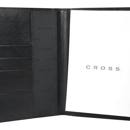 Luxury A5 planner set with black leather padfolio, CROSS notepad, card slots, silver pen—ideal corporate gift.
