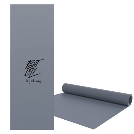 Gray Lifelong Yoga mat with "FIGHT LAZY lifelong"—ideal customizable corporate gift for wellness programs.