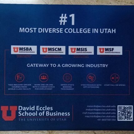 Flyer: Eccles School business programs, info sessions, free branded mousepad corporate gift offer, contact details.