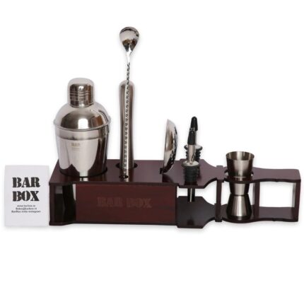 BarBox Cocktail Shaker Set with Bottle shaped display stand (Mahogany)