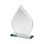 Corporate gift: sleek water droplet Crystal Trophy on glass base, set against a white background.
