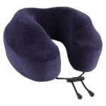 Dark blue U-shaped travel neck pillow, soft fabric cover—ideal for corporate gifting and executive comfort.