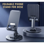 Two black foldable phone stands on desk—displaying suitability for stylish corporate gifting.