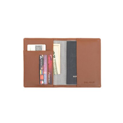 Brown leather passport holder open with cards, cash, and “OBL/QUE” embossing—ideal for corporate gifting.