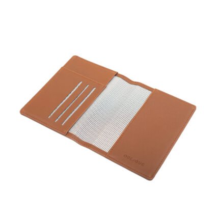 Brown leather passport holder with card slots, "OBLIQUE" logo—ideal for premium corporate gifting.
