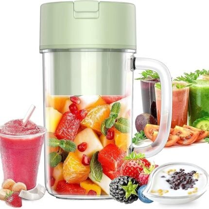 Portable Blender with fruit-filled cup, juices, and healthy snacks—an ideal choice for corporate wellness gifts.