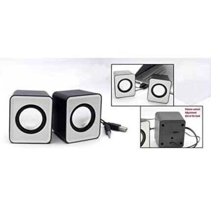 Compact black and silver mini speakers, ideal for corporate gifting, shown with laptop and volume dial detail.