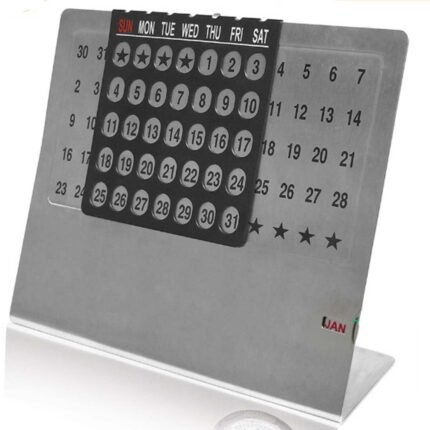 Sleek metallic perpetual calendar with movable panel, perfect for customizable corporate gifting.