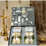 Premium Dry Fruit Hamper with sweets, lace pouches, and “Happy Diwali” ideal for corporate gifting.