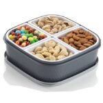 Premium dry fruit gift box with four compartments: chocolates, pistachios, almonds, and cashews. Ideal for corporate gifting.