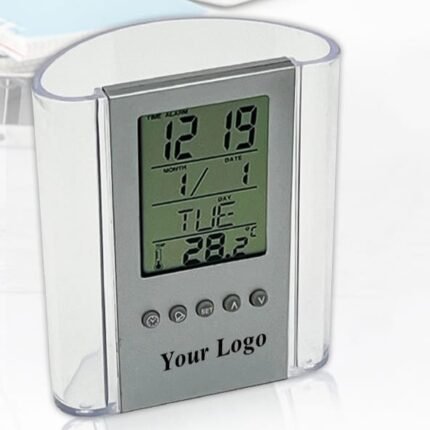Customizable pen holder with digital clock and display, perfect for corporate gifting on office desks.