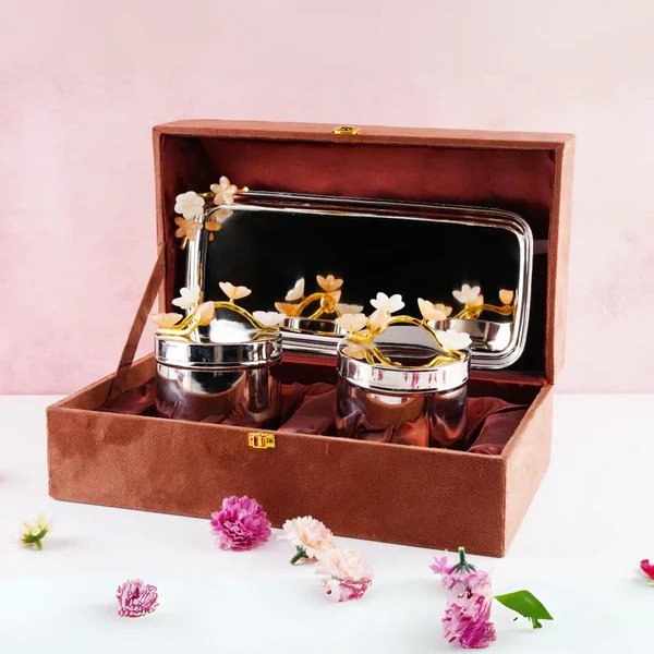 Bloom Brass Silver Plated Jar Set with Tray Bloom Brass Silver Plated Jar Set with Tray