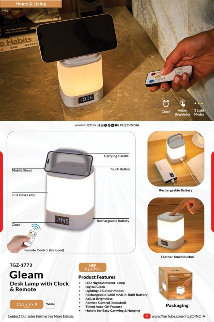 Gleam Desk Lamp with Clock & Remote