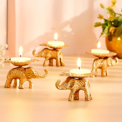 Brass Finish Metal Elephant Base Diya Set