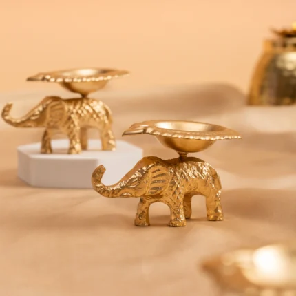 Brass Finish Metal Elephant Base Diya Gift Set For Diwali